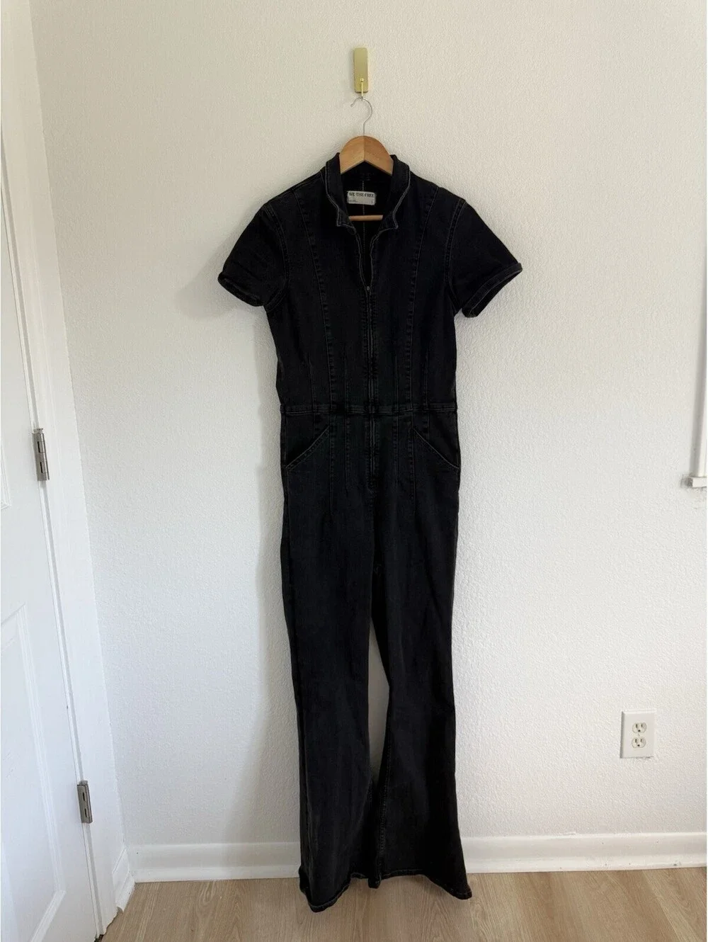 Womens Free People We The Free Jayde Flare Jumpsuit Black Denim Size Large